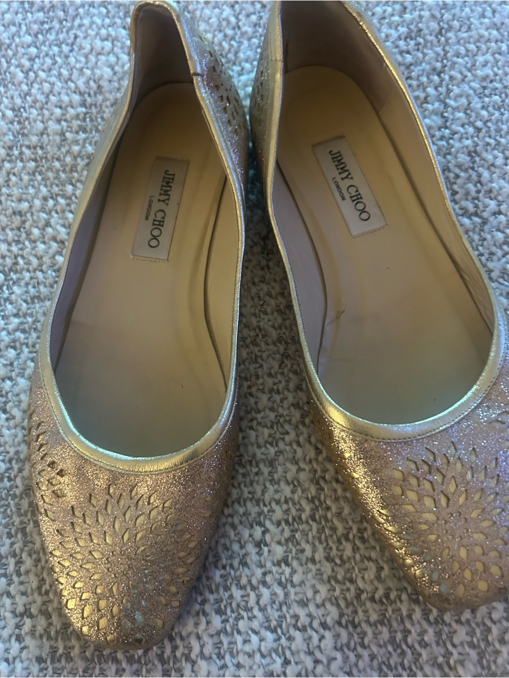 Jimmy Choo Gold Glitter Laser-Cut Ballet Flats